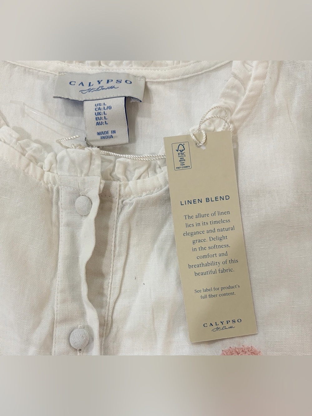NWT SZ L Calypso St. Barth White Blouse with Dusty Pink Floral Embroidery - Picture 5 of 8